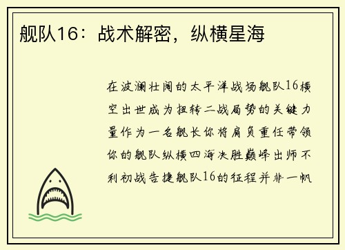 舰队16：战术解密，纵横星海
